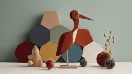 A striking wooden bird sculpture stands amidst geometric shapes, presenting a vibrant and creative aesthetic. Ideal for home decor inspiration.の素材