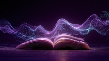 An open book surrounded by vibrant colorful sound waves, blending creativity and education in a visually stunning composition that inspires imagination and storytelling.の素材