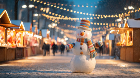 A charming snowman stands in a winter market, surrounded by twinkling lights and snow, creating a festive and joyful atmosphere perfect for holiday celebrations.の素材