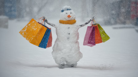 A joyful snowman stands in a snowy landscape, proudly holding colorful shopping bags. This winter scene captures the festive spirit and playful charm of the season.の素材