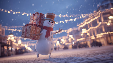 A delightful snowman joyfully carries colorful gifts through a snowy winter wonderland, illuminated by festive lights, capturing the spirit of the holiday season.の素材