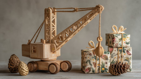 A beautifully crafted wooden crane toy sits beside wrapped gifts and pine cones, creating a charming holiday display. The soft light enhances the rustic aesthetic.の素材