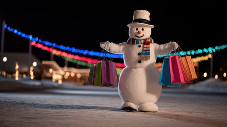 A cheerful snowman holds vibrant shopping bags under colorful lights, creating a joyful atmosphere. This festive scene captures the spirit of holiday shopping in winter.の素材