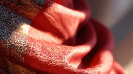 This close-up image showcases a textured red and gold fabric, elegantly draped with intricate details, highlighting softness and warmth in natural light.の素材