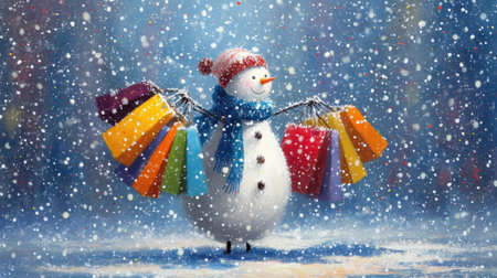 A cheerful snowman stands proudly in a snowy landscape, holding multiple colorful shopping bags. This festive image captures the spirit of holiday shopping and winter joy.の素材