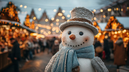 A cheerful snowman stands proudly at a bustling Christmas market, adorned with festive lights and decorations, capturing the essence of holiday spirit.の素材