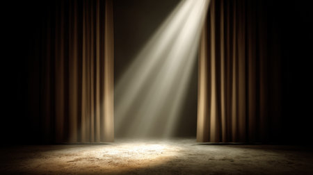 A captivating scene with parted curtains revealing a spotlight on the floor. The interplay of light and shadows creates an atmospheric setting ideal for theatrical performances.の素材
