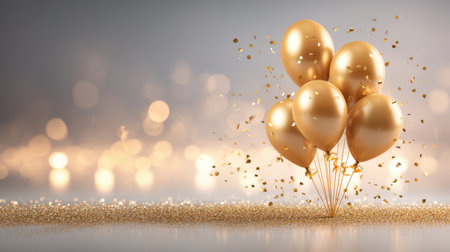 A stunning display of golden balloons surrounded by sparkling confetti and soft bokeh lights. Perfect for celebrations, events, and festive occasions, this image captures the essence of joy and elegance.の素材