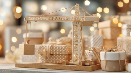 A charming wooden crane lifts a small gift in a festive setting. The bokeh background adds warmth, making it perfect for holiday decorations or celebrations.の素材