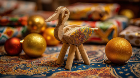 A charming wooden bird figurine sits among colorful ornaments and beautifully wrapped gifts, creating a warm festive atmosphere ideal for holiday themes.の素材