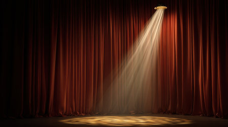 A captivating spotlight shines down on rich red curtains, creating a dramatic atmosphere suitable for theatrical performances or artistic presentations.の素材
