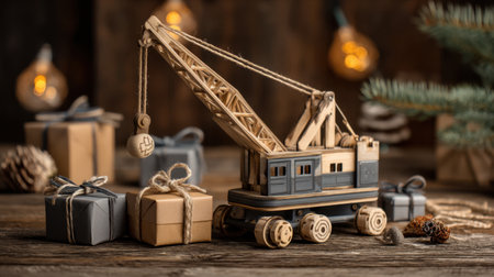 A charming wooden toy crane surrounded by beautifully wrapped gift boxes creates a warm holiday atmosphere, perfect for celebrating festive moments and joy.の素材