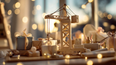 A charming wooden crane surrounded by beautifully wrapped gift boxes glows under soft festive lights, creating a warm and inviting holiday atmosphere.の素材