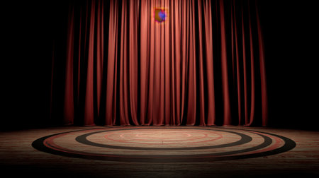 An empty stage featuring rich red curtains and a central wooden floor, illuminated by a spotlight. Ideal for themes of anticipation and performance settings.の素材