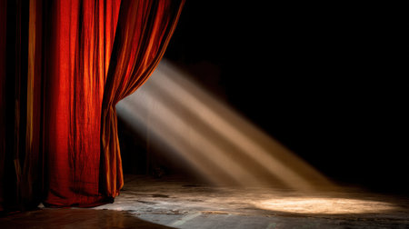 A dramatic stage curtain in rich red color with soft light beams cutting through darkness, creating an atmospheric scene perfect for theatrical settings.の素材