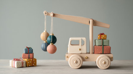 A charming wooden toy truck carrying colorful gifts and ornaments, perfect for festive decor or playful scenes. Ideal for children's photography and holiday themes.の素材