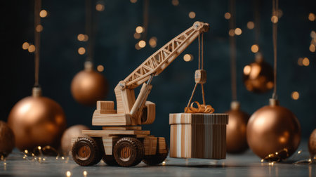 A charming wooden crane lifts a beautifully wrapped gift box amidst twinkling Christmas lights and golden ornaments, evoking a warm holiday spirit.の素材