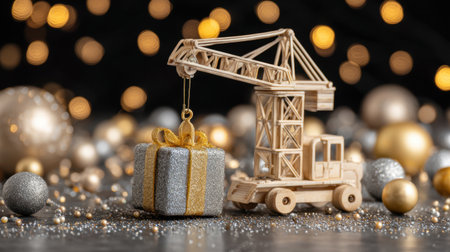 A charming wooden crane lifts a beautifully wrapped gift box, surrounded by sparkling holiday decor. This whimsical scene captures the joy of festive celebrations.の素材