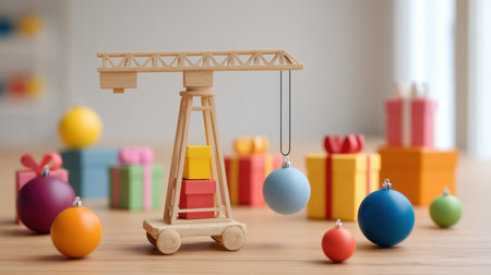 A charming wooden crane lifts colorful ornaments amidst vibrant gift boxes, creating a joyful and festive atmosphere perfect for holiday celebrations and children's play.の素材