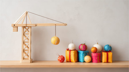A charming scene featuring a wooden crane lifting colorful ornaments above stylized gift boxes. Ideal for festive decor or playful interior design.の素材