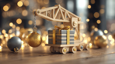 A charming wooden crane transports a beautifully wrapped gift adorned with a golden ribbon. Surrounded by shimmering ornaments, this festive scene evokes a cozy holiday atmosphere.の素材