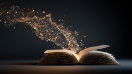 An enchanting scene of an open book releasing sparkling particles, symbolizing imagination and creativity. Ideal for themes of knowledge and inspiration.の素材