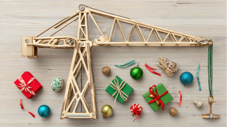 A charming wooden model of a construction crane surrounded by colorful Christmas gifts, capturing a festive spirit and creative craftsmanship. Perfect for holiday themes.の素材