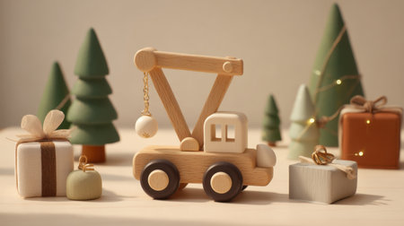 A charming wooden toy crane surrounded by festive gifts and stylized trees, evoking a warm holiday spirit. Perfect for joyful moments and creativity.の素材
