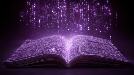 An artistic depiction of an open book surrounded by glowing binary code in purple hues, symbolizing the fusion of literature and technology in a digital age.の素材