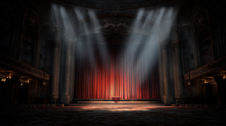 Experience the allure of a majestic theatre stage featuring a rich red curtain and dramatic lighting. Perfect for arts and entertainment imagery.の素材