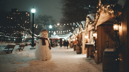 A charming snowman stands in a snowy park illuminated by festive lights. Visitors stroll through a holiday market, enjoying the cozy winter atmosphere.の素材
