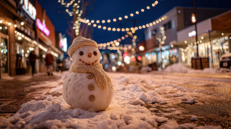 A cheerful snowman stands proudly in a snow-covered street adorned with twinkling holiday lights. Perfect for capturing the essence of winter festivities.の素材
