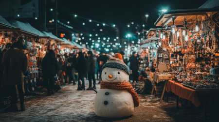 A charming snowman stands proudly in a bustling night market, surrounded by colorful holiday decorations and twinkling lights, creating a festive atmosphere perfect for winter celebrations.の素材