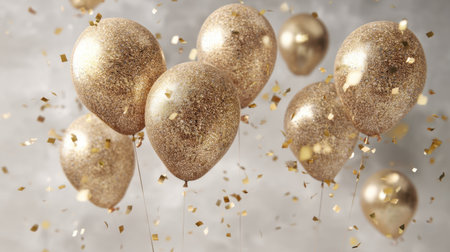 A stunning display of golden glittering balloons filled with joy, perfect for any festive celebration or special event. The shimmering confetti adds a magical touch.の素材