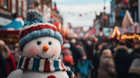 A cheerful snowman stands prominently at a bustling holiday market brimming with joyful crowds and festive decorations, capturing the essence of winter celebrations.の素材