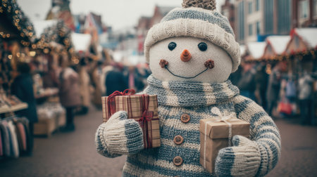 A delightful snowman holds gifts amid a bustling holiday market, showcasing a festive atmosphere filled with twinkling lights and joyful shoppers.の素材