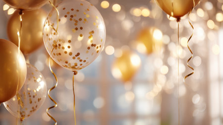 Celebrate special moments with these beautiful gold balloons featuring confetti, creating a joyful atmosphere that sparkles with festive charm. Perfect for events.の素材
