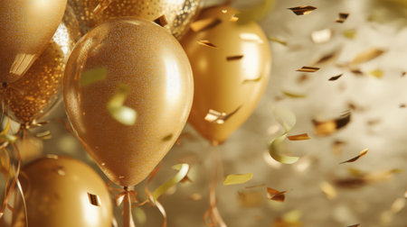 Vibrant golden balloons surrounded by shimmering confetti, perfect for festive events. Ideal for celebrations, parties, and joyful occasions, creating a cheerful atmosphere.の素材