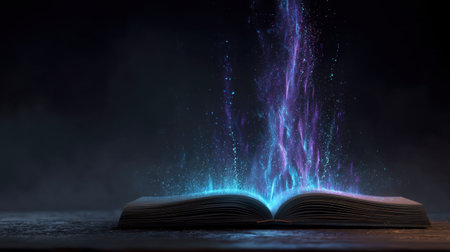 An enchanting scene of an open book emitting vibrant light and mystical energy. This artwork symbolizes imagination, knowledge, and the magic of storytelling.の素材