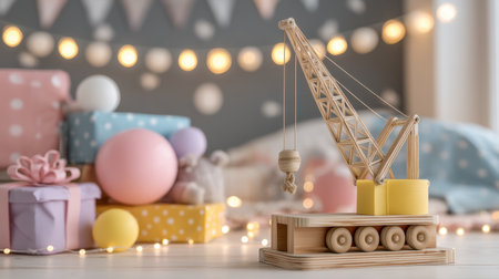 A charming wooden toy crane sits among wrapped gifts and colorful decorations, creating a playful atmosphere ideal for childrenの素材