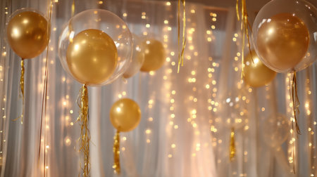 Delight in an elegant celebration setup featuring golden balloons and warm string lights. This charming decor creates a joyful atmosphere perfect for various festive events.の素材