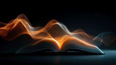 An open book releases vibrant light waves, creating a mesmerizing scene. This abstract image represents knowledge, creativity, and imagination in a stunning visual.の素材
