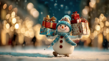 A cheerful snowman with a big smile carries colorful presents in a snowy holiday scene, surrounded by twinkling lights, celebrating the festive spirit.の素材