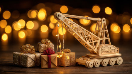 A charming wooden crane delicately lifts beautifully wrapped gifts adorned with twinkling lights, creating a festive and cozy atmosphere perfect for holiday celebrations.の素材
