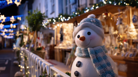 A cheerful snowman stands proudly on a vibrant winter street filled with twinkling lights and festive decorations, creating a joyful holiday atmosphere.の素材