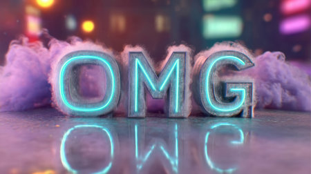 Eye-catching neon OMG text illuminated with colorful smoke set against an urban night backdrop. Perfect for conveying energy and excitement in visuals.の素材
