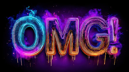 Stunning neon "OMG!" text shines with vibrant colors and swirling smoke. Perfect for creative projects, social media graphics, and eye-catching designs.の素材