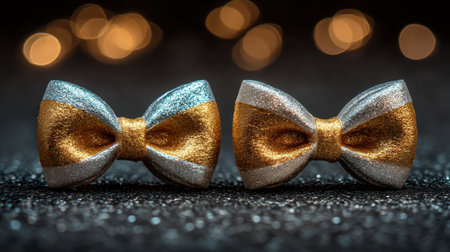 Two elegant glittery bows in silver and gold accents sit against a dark, sparkling background, perfect for celebrations or fashion accessories. Ideal for festive occasions.の素材