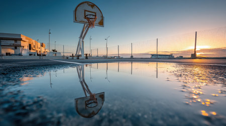A serene sunset casts vibrant colors over a basketball court, showcasing a hoop and a puddle reflecting the beautiful sky, evoking tranquility and urban beauty.の素材
