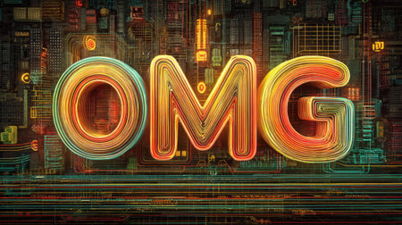 A vibrant neon "OMG" sign illuminated against a futuristic circuit board background, capturing the essence of modern technology and bold expression in visual art.の素材